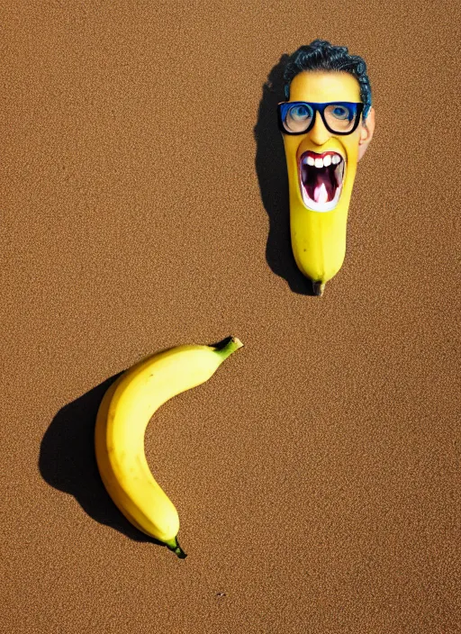 Image similar to jeff goldblum as a banana on the sand of a beach