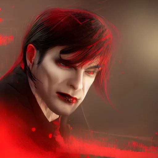 Image similar to a pale vampire, male, mid - 3 0 s, long black hair, clean shaven, dressed formally in red and black, highly detailed, concept art, smooth, sharp focus, unreal engine 5, 8 k.