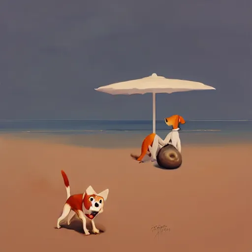 Image similar to goro fujita ilustration a dog playing on a beach with waves, painting by goro fujita, sharp focus, highly detailed, artstation