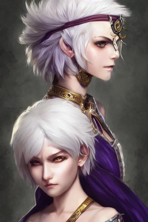 Prompt: A realistic anime portrait of a short white haired female rogue wearing an intricate pirate outfit, middle eastern, purple eyes, digital painting, by Stanley Artgerm Lau, Sakimichan, WLOP and Rossdraws, digtial painting, trending on ArtStation, SFW version