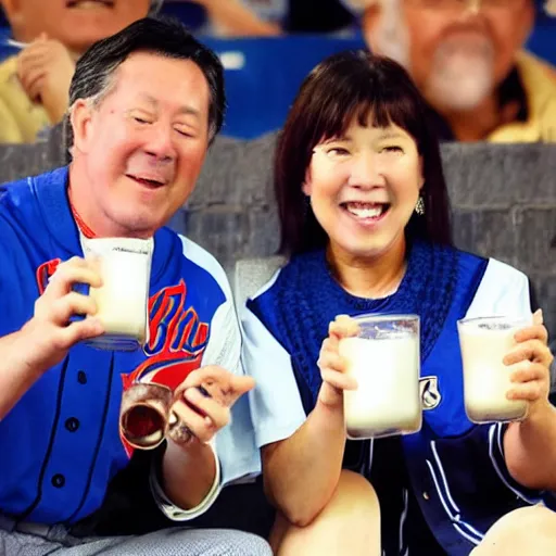 Image similar to a middle aged caucasian couple cheering on the Yokohama Baystars Japanese baseball team while drinking beer.