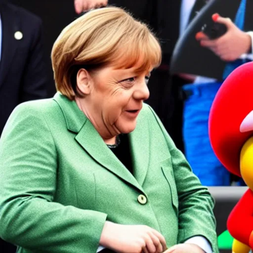 Image similar to angela merkel in a super mario costume, extremely detailed, 8 k, photorealistic, cinematic atmosphere, award winning photography