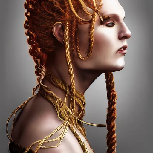 Image similar to portrait of a Shibari rope wrapped face and neck, headshot, insanely nice professional hair style, dramatic hair color, digital painting, of a old 15th century, roman gladiator, amber jewels, baroque, ornate clothing, scifi, realistic, realistic realistic realistic eyes, hyperdetailed, chiaroscuro, concept art, art by Franz Hals and Jon Foster and Ayami Kojima and Amano and Karol Bak,