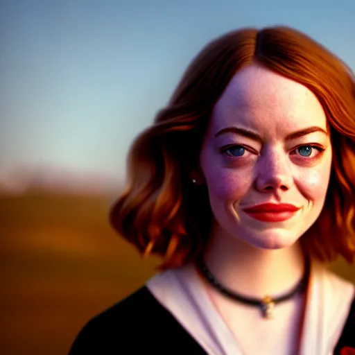 Prompt: beautiful hyperdetailed photograph of emma stone as hermione granger, golden hour, soft focus, medium shot, 8 k, portra 4 0 0