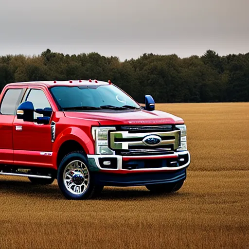 Image similar to A photograph of a red Ford F-250 super duty pickup truck (2018) in a farm field, photo taken in 2018