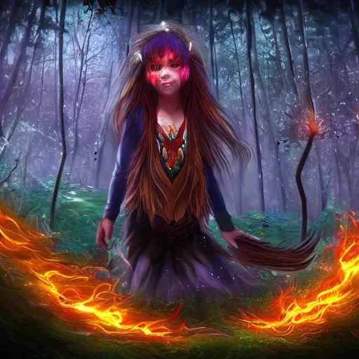 Prompt: magical astonishing dark forest is protected by an indigenous girl, her hair glows on fire as she protects the forest with her fire powers. trending on artstation, splash art hyper-detailed, 4K