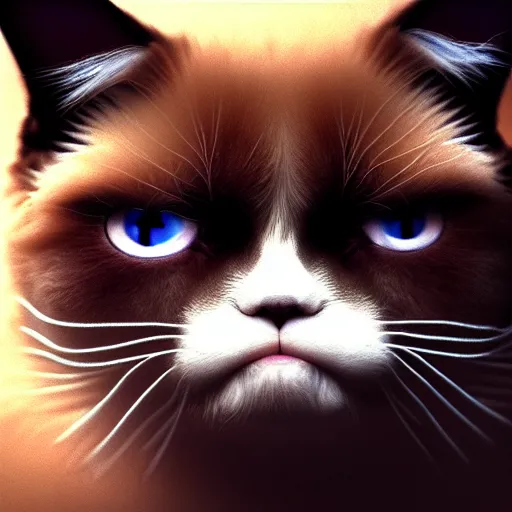 Image similar to cute chthonic fluffy grumpy cat by Ayami Kojima, Beksinski, Giger, vray render, 50mm lens, bottom angle