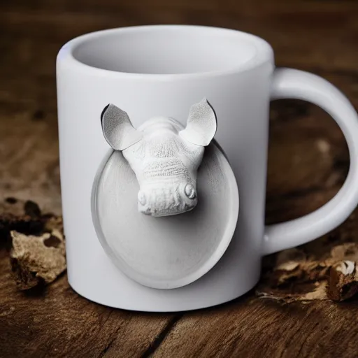 Image similar to a mug with shape of a rhino head, high quality product photography