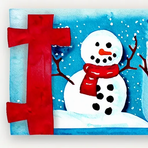 Image similar to mixed media winter snowman icon collage illustration in soft watercolor style, ice blue cold hues