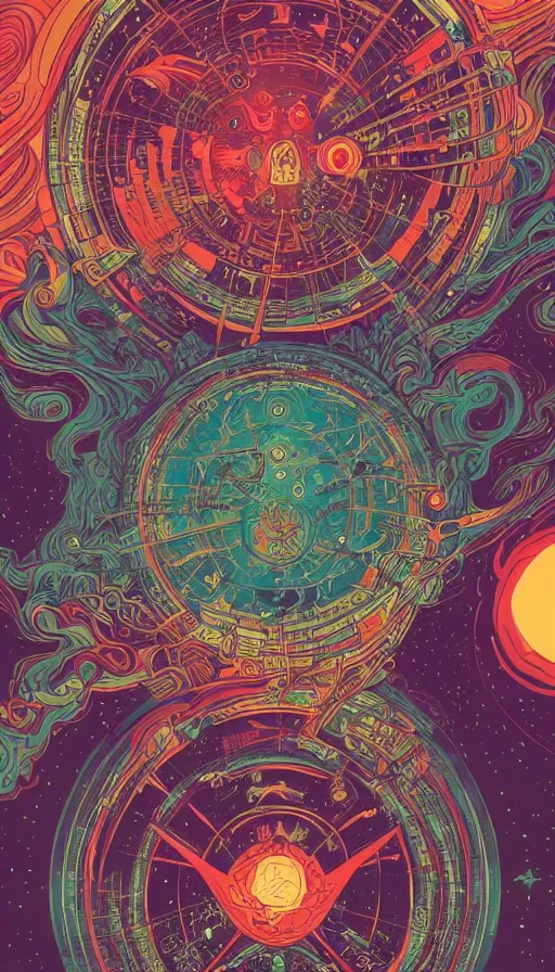 Prompt: the psychedelic adventures of the cosmic time travellers travelling through the multiverse, futurism, dan mumford, victo ngai, kilian eng, da vinci, josan gonzalez