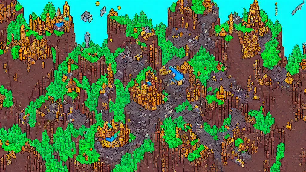 Prompt: Aerial view of a wizard tower surrounded by different kinds of gem mines and ominous caves, pixel art, colored