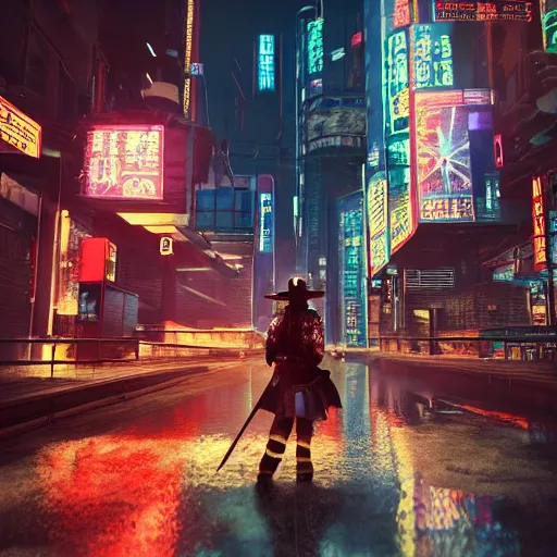 Image similar to ultra realistic studio shot of a cyberpunk samurai with straw hat on a dusk city, cinematic, wet reflections, liflike, unreal engine 5, octane, smooth, rtx, ray tracing, hyper detailed, hyper realism, fantasy, trending on artstation, behance, deviantart