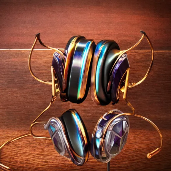 Prompt: masterpiece photo of beautiful crafted artistic bismuth metal headphones, bismuth rainbow metal, bismuth cups, leather padding, displayed on mahogany desk, modernist headphones, bismuth headphones beautiful well designed, hyperrealistic, audiophile, intricate hyper detail, extreme high quality, photographic, meze audio, sennheiser, hifiman, artstation, abyssal audio