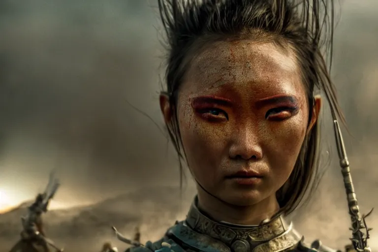 Prompt: vfx film closeup, futuristic mongolian warriors, flat color profile low - key lighting award winning photography arri alexa cinematography, hyper real photorealistic cinematic, atmospheric cool colorgrade