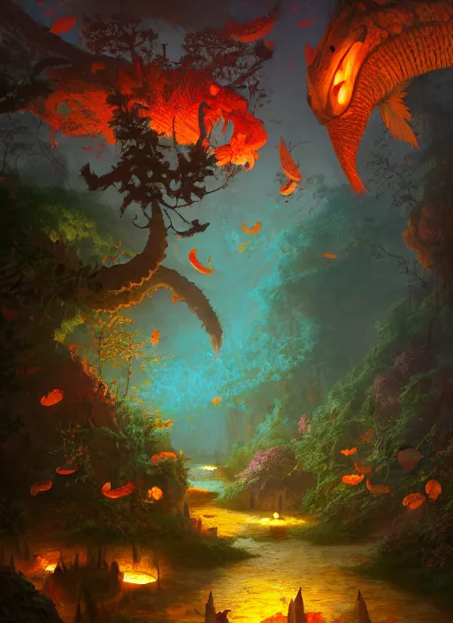 Prompt: subsurface scattering, medieval village in the middle of lush forest, glowing monsters running by, vibrant colors, ( ( ( koi colors ) ) ), octane render, jesper ejsing, james jean, justin gerard, tomasz alen kopera, fenghua zhong, makoto shinkai, highly detailed, digital art, cinematic lighting, 8 k