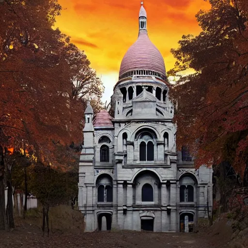 Image similar to abandoned Basilica of Sacré Coeur de Montmartre, toxic orange and pink clouds strain the sunlight, stark contrasting lighting, contrejour, a two-headed mutated deer-like creature looks on in the distance from the sparse twisted silhouetted foliage, a highly detailed colorful matte painting by Scott Listfield and Mikko Lagerstedt, featured on Artstation, Unreal Render, 8k HDR, fisheye