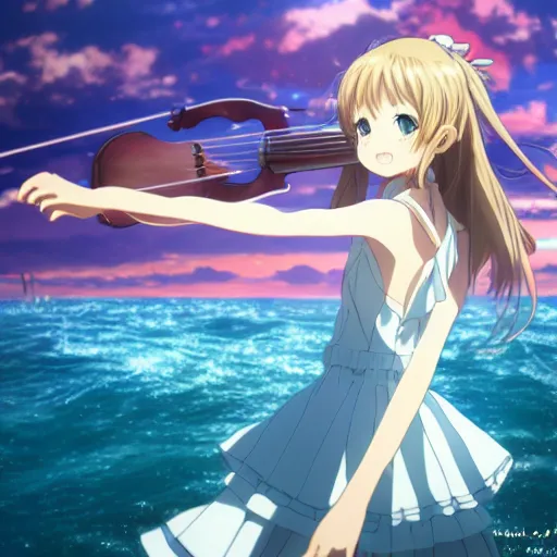 Prompt: Anime key visual of kaori from your lie in april wearing a white dress while passionately playing the violin and standing on water in the middle of the ocean surrounded by a blue sky and soft clouds, vibrant, expressive, trending on artstation, kimi no na wa