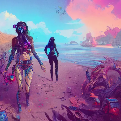 Prompt: Intricate detailed illustration, cyberpunk girls in a beach, strange flowers, fog, vibrant colors, blue sky, by Sparth and Greg Rutkowski, wide angle, volumetric light scattering, 8k, artstation, concept art