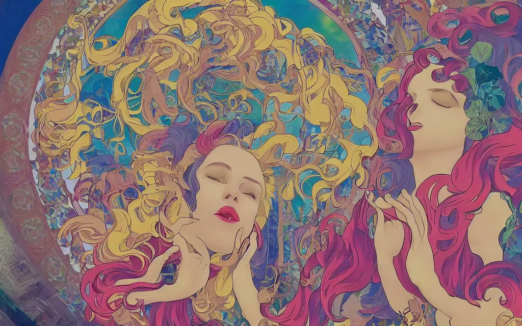 Image similar to i dream a dirty dream of you baby you're swinging from the chandelier i'm climbing up the walls'cause i want you but when i reach you, you disappear, in the style of lisa frank and alfons mucha