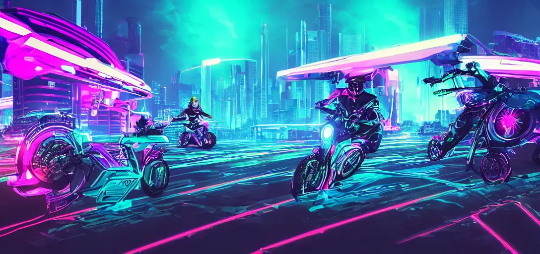 Image similar to cyberpunk, synthwave, vaporware aesthetics, retrowave, flat shading, neon, highly detailed aerial digital art of a tron cyberbike race, drone shot, cell - shaded