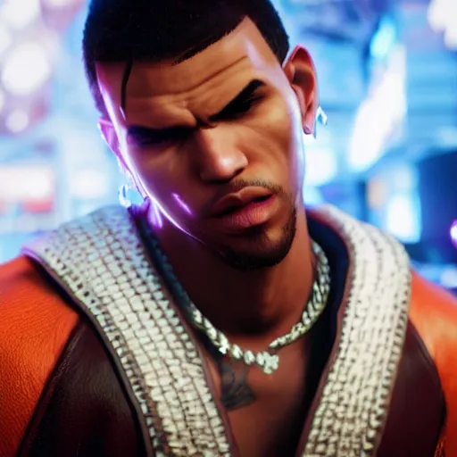 Prompt: a videogame still of Chris Brown in Tekken 7, 40mm lens, shallow depth of field, split lighting
