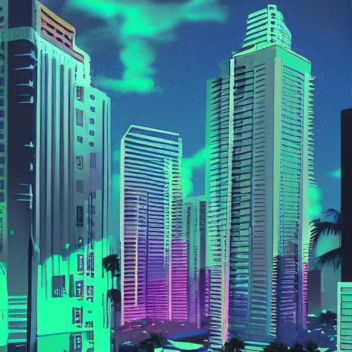 Prompt: vaporwave city, Miami at night. Digital painting. Beeple. Banksy