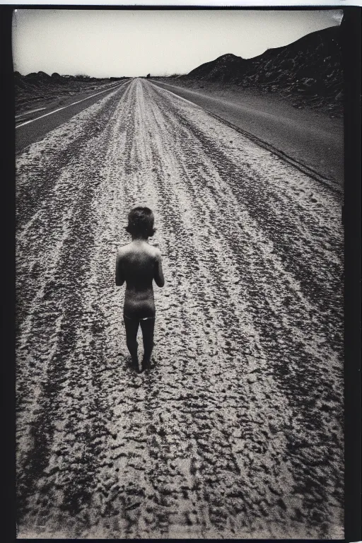 Image similar to photo polaroid of a sad and lonely child in the middle of a road of dry mud, drought, loneliness, black and white ,photorealistic, 35mm film,