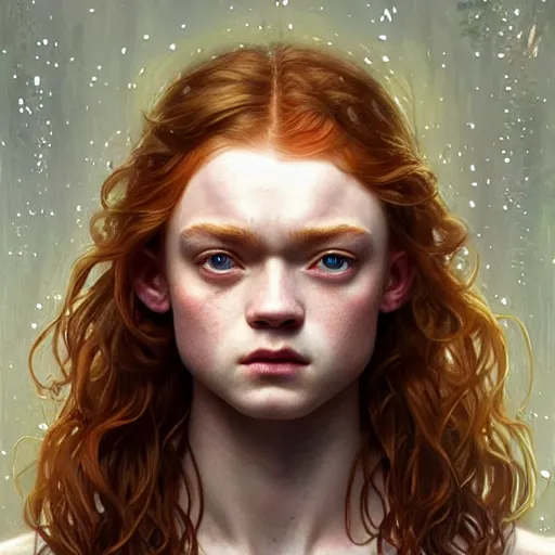 Prompt: sadie sink portrait of forest gog, male, clear face, masculine, upper body, muscular, fantasy, intricate, elegant, highly detailed, digital painting, artstation, concept art, matte, sharp focus, illustration, art by artgerm and greg rutkowski and alphonse mucha