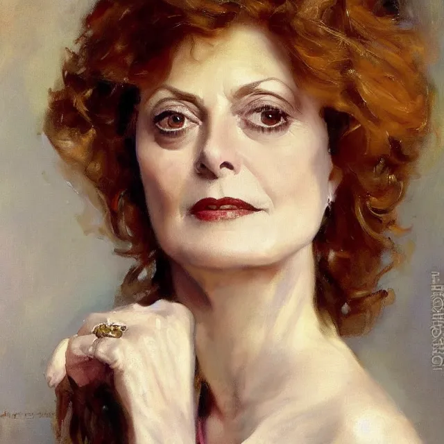 Image similar to a beautiful portrait of susan sarandon by john singer sargent and norman rockwell, strong brushwork