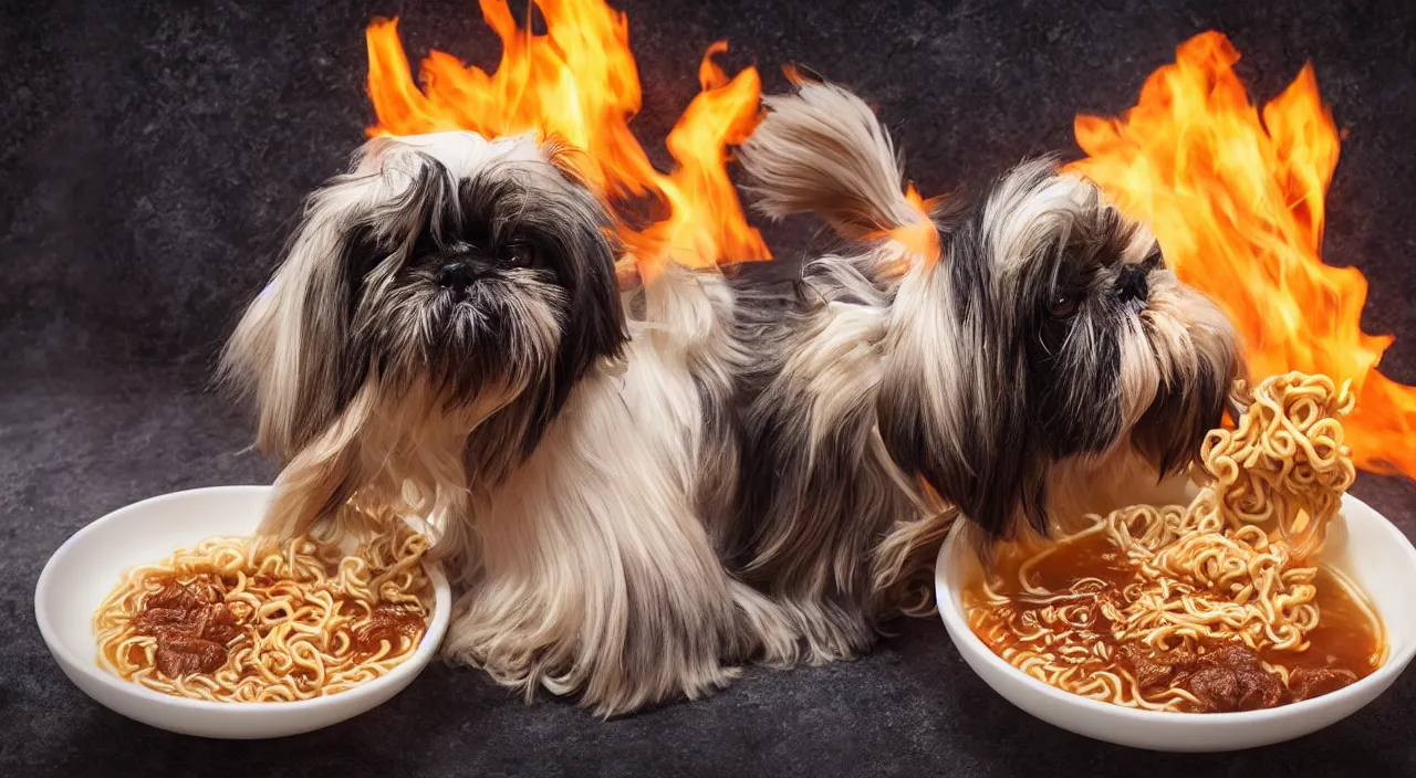 Prompt: Demon Shih Tzu eating Ramen Noodles, Professional Photograph, Fire, Lava