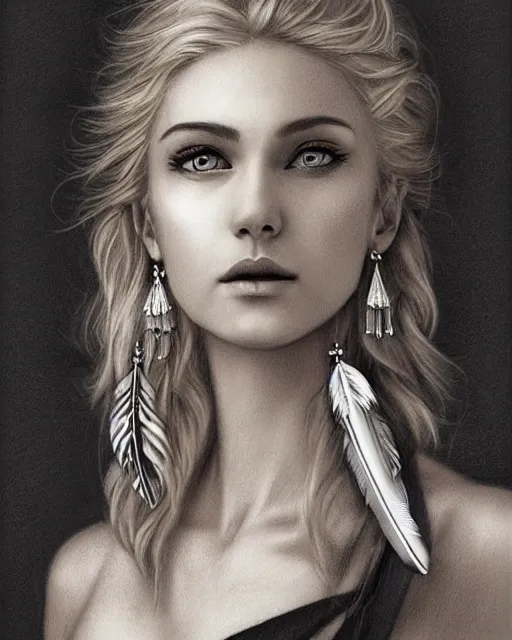 Image similar to pencil drawing of beautiful greek goddess aphrodite with arrowhead earrings and beautiful feather jewelry, beautiful piercing eyes, beautiful blonde hair flying in the wind, hyper realistic face, in the style of greg rutkowski, fantasy, amazing detail, epic, elegant, smooth, sharp focus, from the front