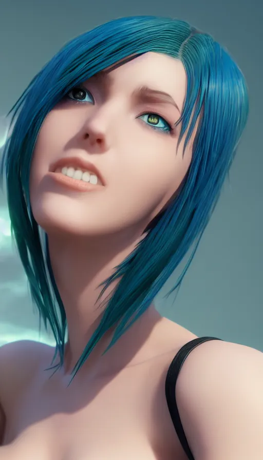 Prompt: render beautiful 3 d anime woman with short brown hair, heterochromia, blue eye and green eye, bodysuit, heavy makeup, short smile, cinematic lightning, highly detailed, trending on artstation, unreal engine 4 k, cinematic wallpaper