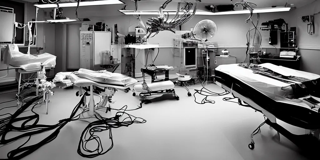 Prompt: alien an autopsy, a surgical room with the liquid body with tentacles of the alien on the operating table with doctors around it. the surgical lamp above, many tools and wires around. retro black and white photo. Area 51, conspiracy UFO theory. New Mexico UFO. Classic Alien autopsy. ultra high details, photorealistic. 35mm film look.