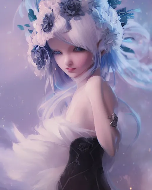 Prompt: girl with white hair and black skirt, flower decorations, dreamy, beautiful illustration, scifi, atmosphere, top lighting, blue eyes, perfect composition, smooth, artstation, highly detailed, art by yuhong ding and chengwei pan