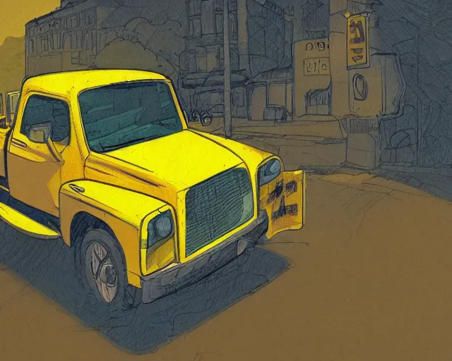 Image similar to a study of cell shaded cartoon of a yellow truck on a country road, street lamps, road, illustration, wide shot, subtle colors, post grunge, concept art by josan gonzales and wlop, by james jean, Victo ngai, David Rubín, Mike Mignola, Laurie Greasley, highly detailed, sharp focus, alien, Trending on Artstation, HQ, deviantart, art by artgem