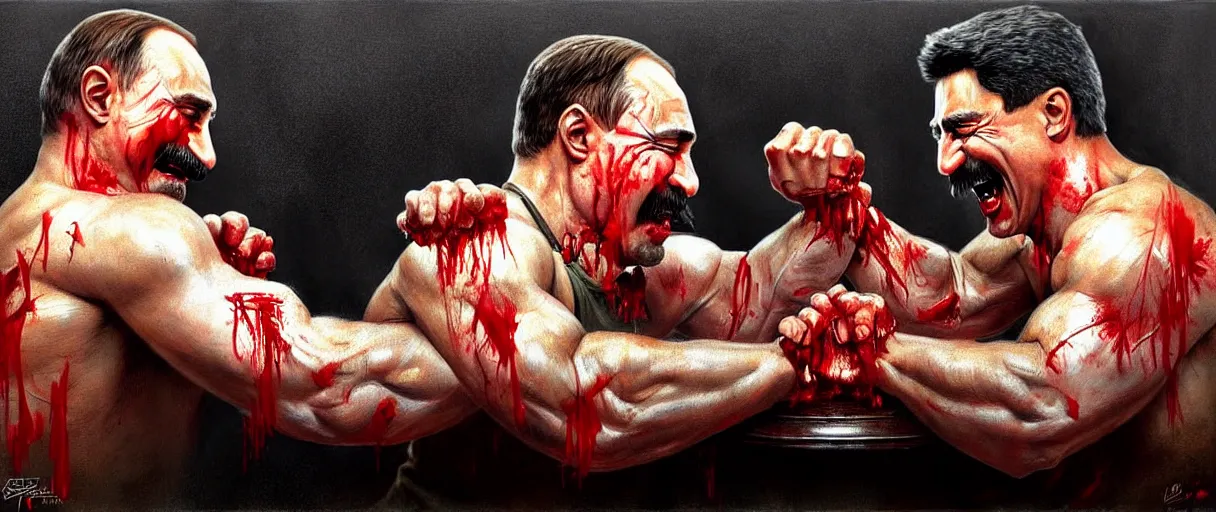 Prompt: arm wrestling ( ( vladimir putin ) ) vs ( ( iosif stalin ) ), hyperrealistic, digital concept art, caricature illustration, bloody, violent. horror. art by gaston bussiere
