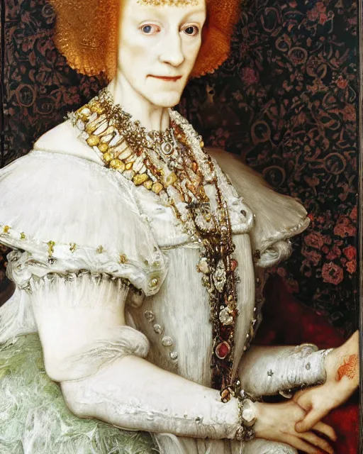 Image similar to queen elizabeth i, portrait painting by richard schmid, edgar maxence, kehinde wiley, thomas moran, maxfield parrish, studio ghibli, loish, alphonse mucha, fashion photography