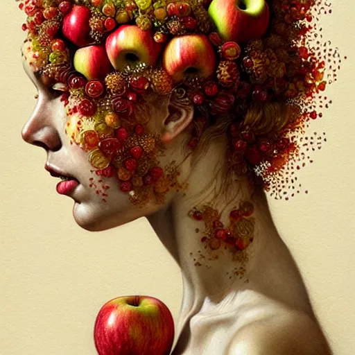 Prompt: portrait made of apples and fruit, fantasy, intricate, elegant, highly detailed, lifelike, photorealistic, digital painting, artstation, illustration, smooth, sharp focus, art by albert aublet, krenz cushart, artem demura, giuseppe arcimboldo