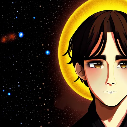 Image similar to a man with with brown hair, eyes with stars and galaxies in his eyes, wearing a black robe with the tips made of gold, anime, trending on artstation, high quality