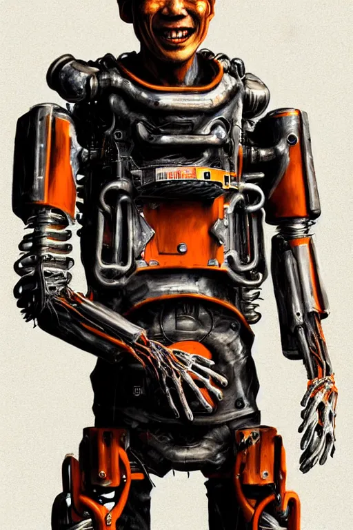 Image similar to hyperrealistic grungy exoskeleton!! smiling chinese man covered highly detailed concept art eric zener elson peter cinematic hard orange lighting high angle hd 8k sharp shallow depth of field