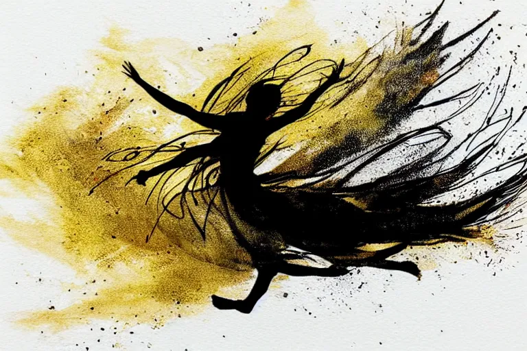Prompt: beautiful serene runner, healing through motion, life, uplifting, minimalistic golden and ink airbrush painting on white background, pristine dream