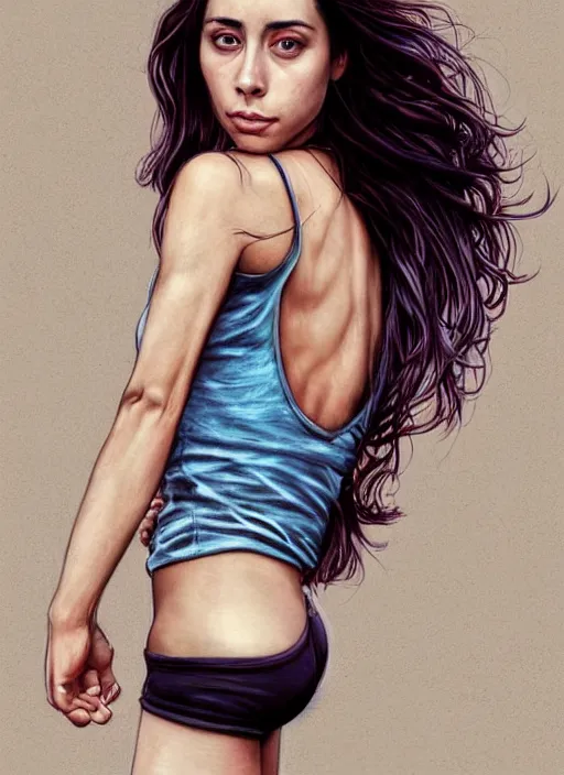 Image similar to full length photo of a suffering Oona Chaplin in a tanktop in the style of stefan kostic, not realistic, sharp focus, 8k high definition, insanely detailed, intricate, elegant, art by stanley lau and artgerm