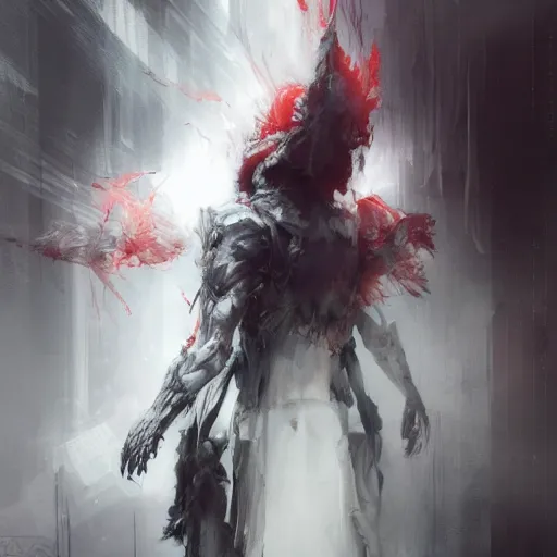 Prompt: a humanoid cyberpunk white dragon wearing a white mage robe by melmoth zdzislaw belsinki craig mullins yoji shinkawa realistic render ominous detailed photo atmospheric by jeremy mann francis bacon and agnes cecile ink drips paint smears digital glitches glitchart, realistic anime, dramatic lighting, red light, red highlights