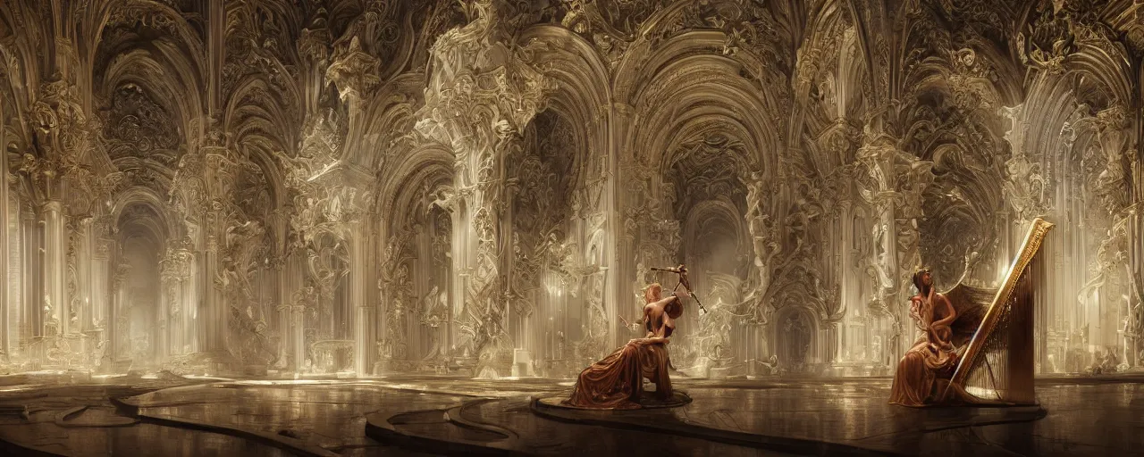 Prompt: a luminous fairytale of an iridescent dragon playing the harp in a baroque white marble cathedral. Neon light, masterpiece 4k digital illustration by Ruan Jia and Mandy Jurgens and Artgerm and William-Adolphe Bouguereau, award winning, Artstation, Gustave Dore' background, intricate details, realistic, panoramic view, volumetric lighting, Hyperdetailed, 8k resolution, intricate art nouveau, rendered in Unreal Engine 3