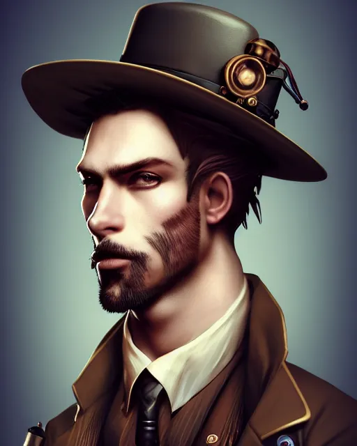 Image similar to steampunk male portrait, handsome, steampunk hat, detective coat, steampunk monocle, complex 3 d render by ilya kuvshinov, peter mohrbacher, greg rutkowski, ryohei hase, dramatic lighting, intricate, highly detailed, sharp focus, luminous, unreal engine, blender, artstation, masterpiece, ray tracing