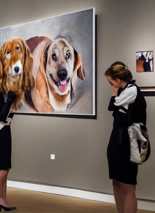 Image similar to formal dogs visiting a museum looking at paintings of humans suffering