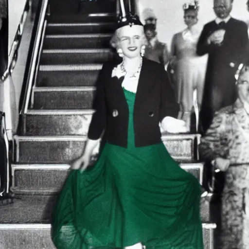 Prompt: a medium full shot, vintage historical fantasy 1 9 3 0 s kodachrome slide german and eastern european mix of a photographic portrait of the queen attending a royal tour. she is shown descending a staircase from a luxurious plane, waving to the crowd below. she is donning a pencil skirt and peplum jacket in a green skirt suit.