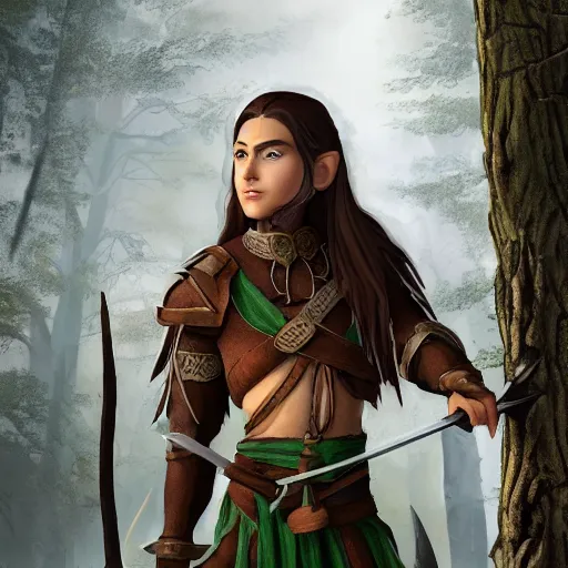 Image similar to anya charlota as a medieval fantasy wood elf, dark brown hair tucked behind ears, wearing a green tunic with a fur lined collar and brown leather armor, stocky, muscular build, scar across nose, one black, scaled arm, wielding a battleaxe, cinematic, character art, digital art, forest background, realistic. 4 k