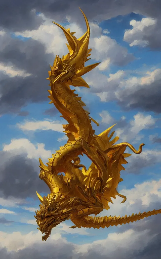 Image similar to pablo carpio's painting of a golden dragon in clouds, coloured