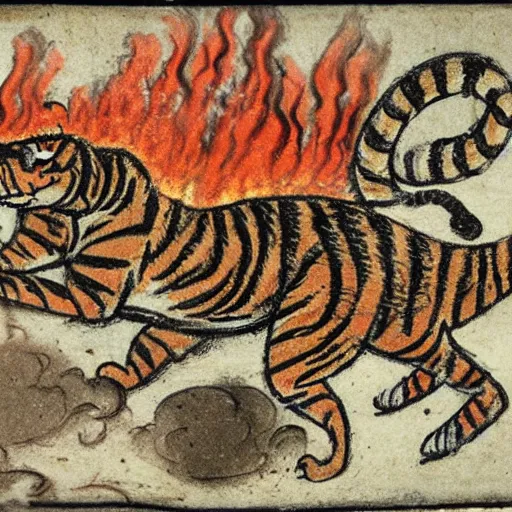 Image similar to bad drawn tiger made of smoke, lava and fire flying in the sky with many legs in a medieval manuscript, medieval manuscript, golden miniatures